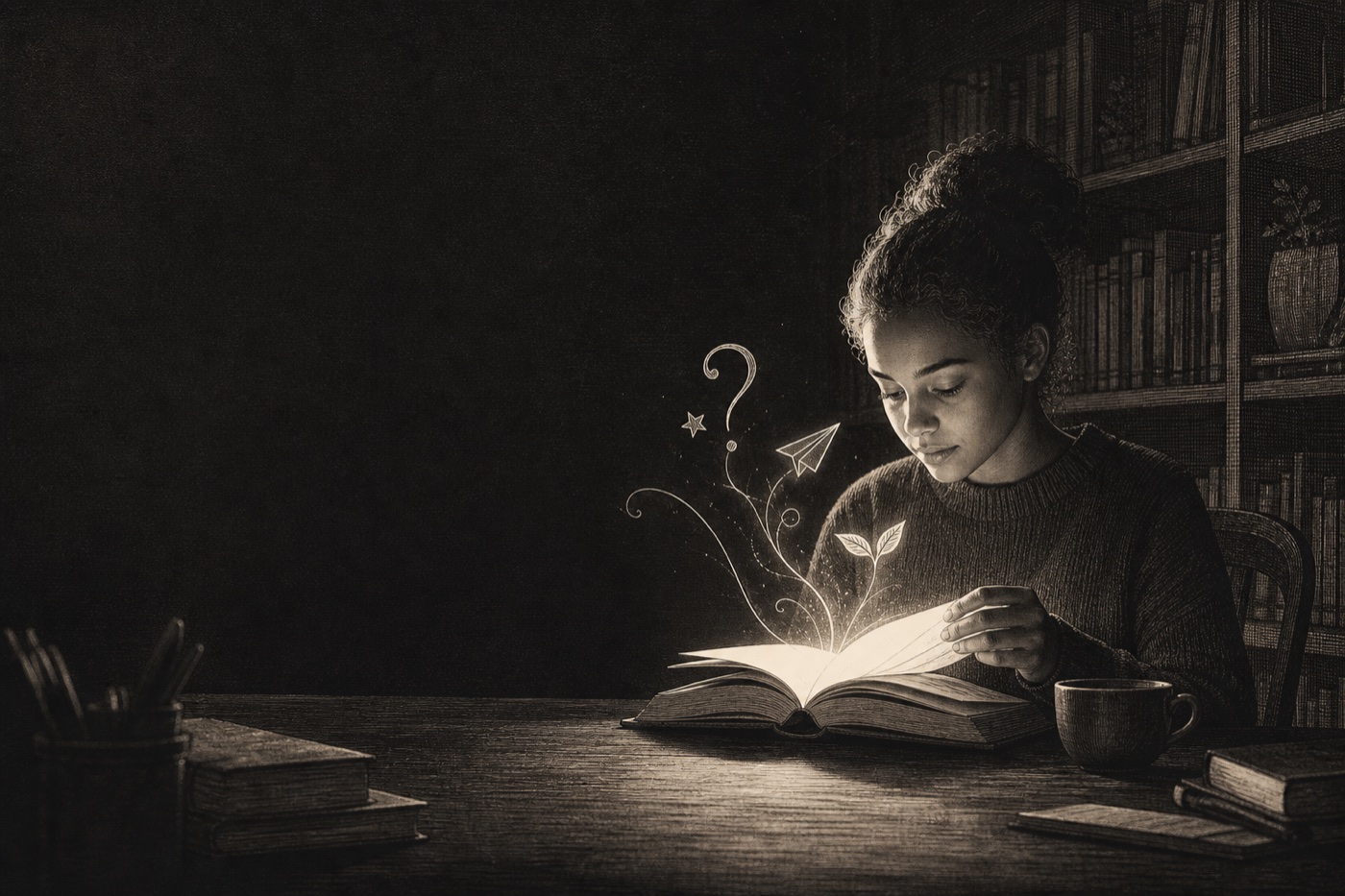 Joven lectora descubriendo ideas entre las páginas de un libro